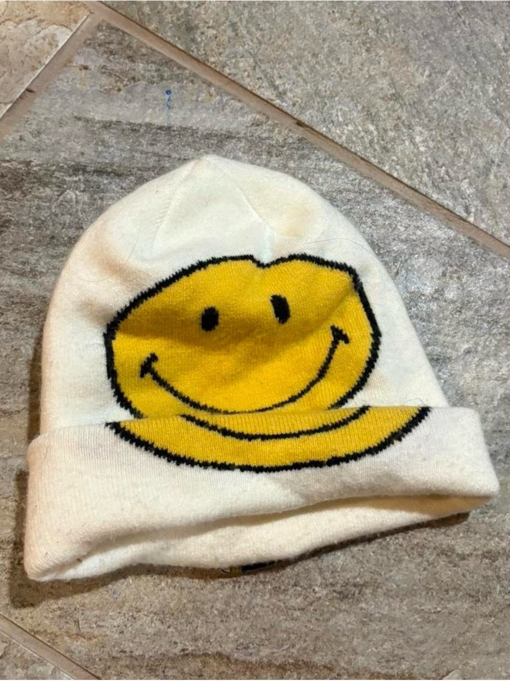 American Eagle Cream Beanie Hat with Yellow Smiley Face